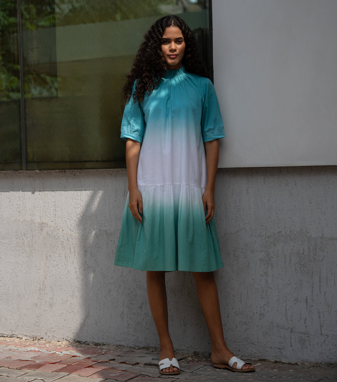 Ombre Grace Textured Cotton Dress with Mock Gathered Neckline