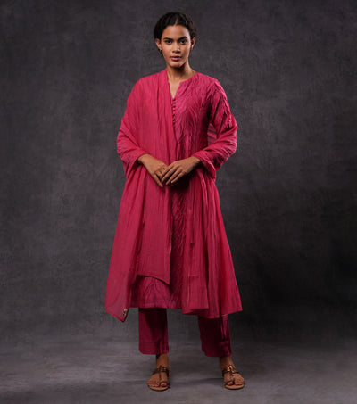 Textured Cotton Silk Pink Kurta with Gota Dupatta & Pants