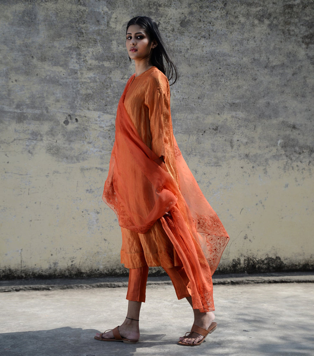 Orange Tonal Hand Embroidered Organza Dupatta