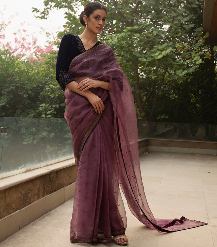 Purple Hand Embroidered Organza Saree