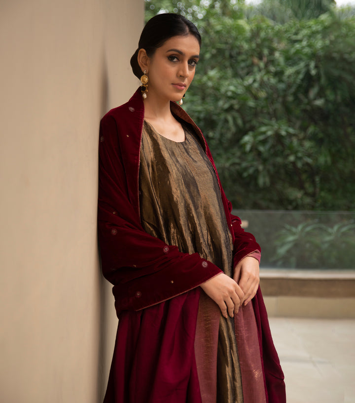 Maroon Hand Embroidered Velvet Dupatta