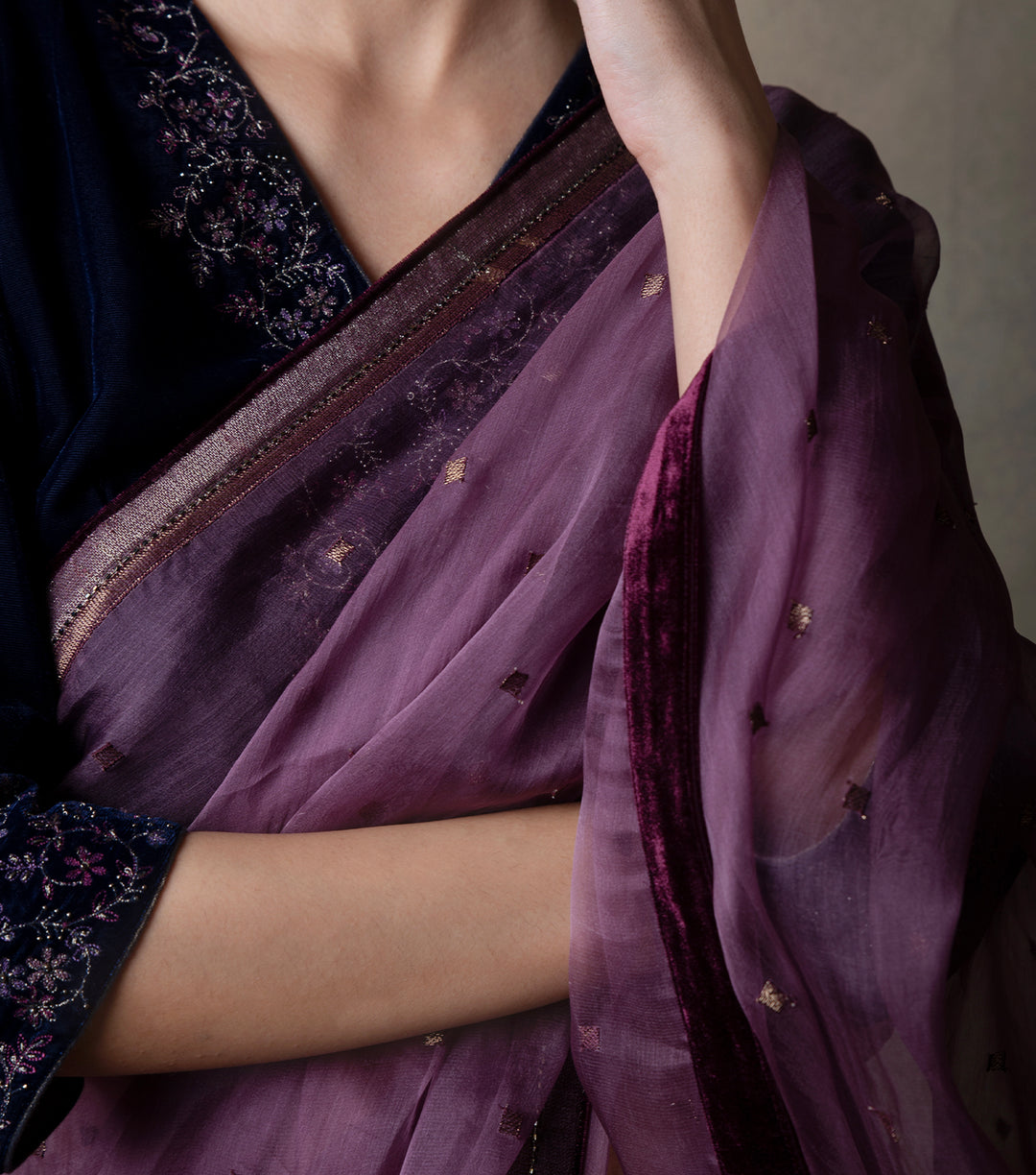 Purple Hand Embroidered Organza Saree