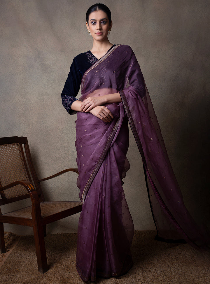 Purple Hand Embroidered Organza Saree