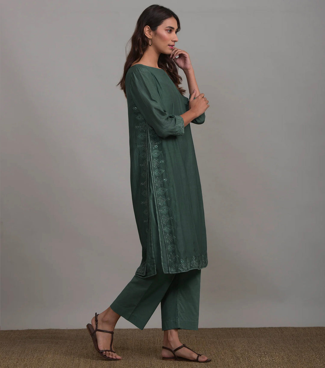 Forest Green Embroidered Cotton Silk Kurta & Pant Set