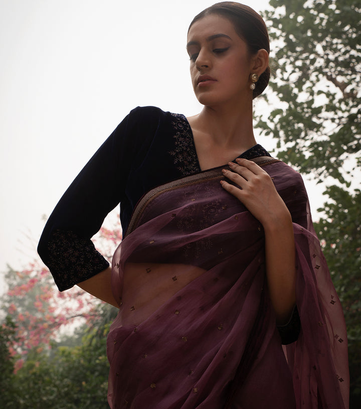 Purple Hand Embroidered Organza Saree