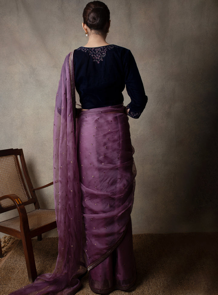 Purple Hand Embroidered Organza Saree