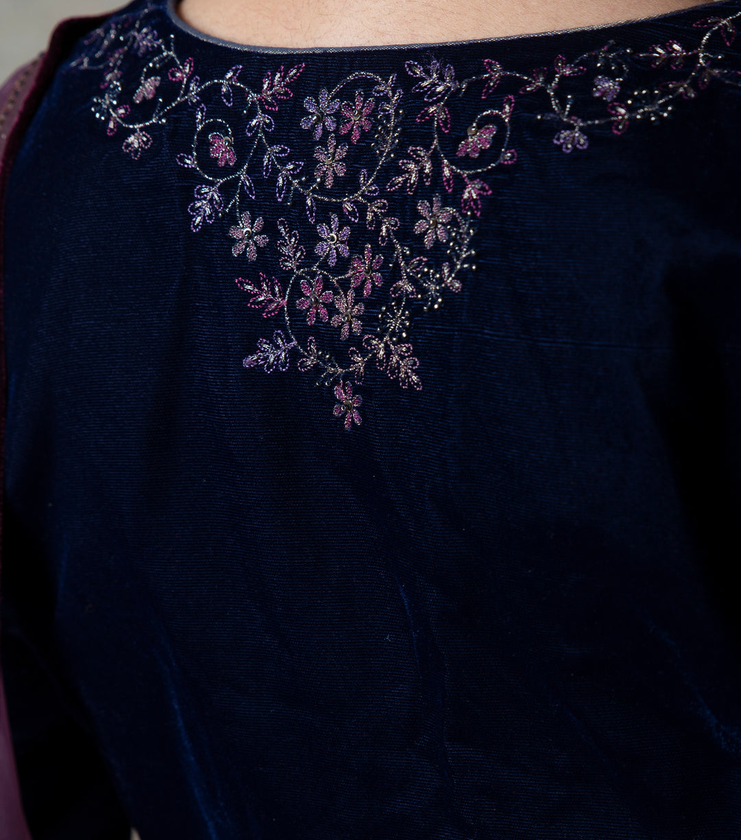 Navy Blue Embroidered Velvet Blouse