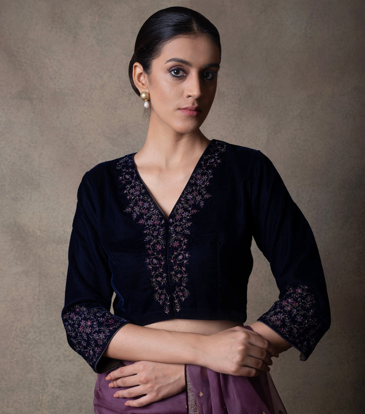 Navy Blue Embroidered Velvet Blouse