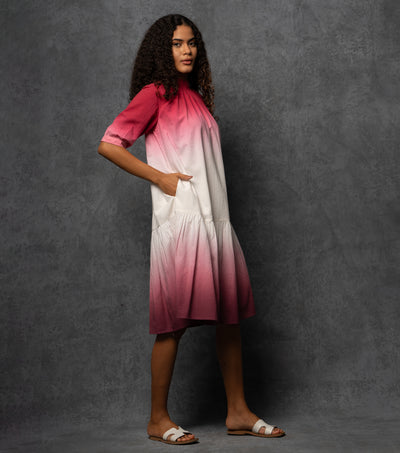 Ombre Grace Textured Cotton Dress with Mock Gathered Neckline