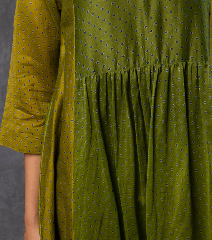 Green & Light Brown Shaded Panelled Chanderi Dress