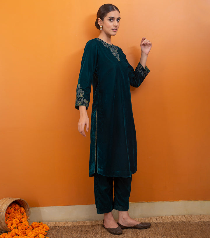 Green Embroidered Velvet Suit Set