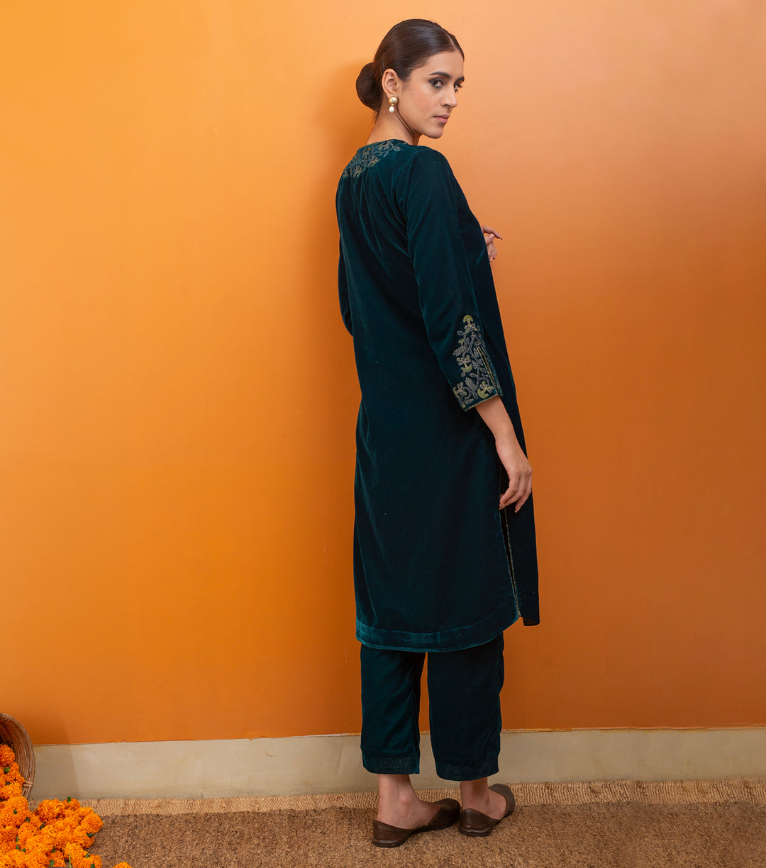 Green Embroidered Velvet Suit Set