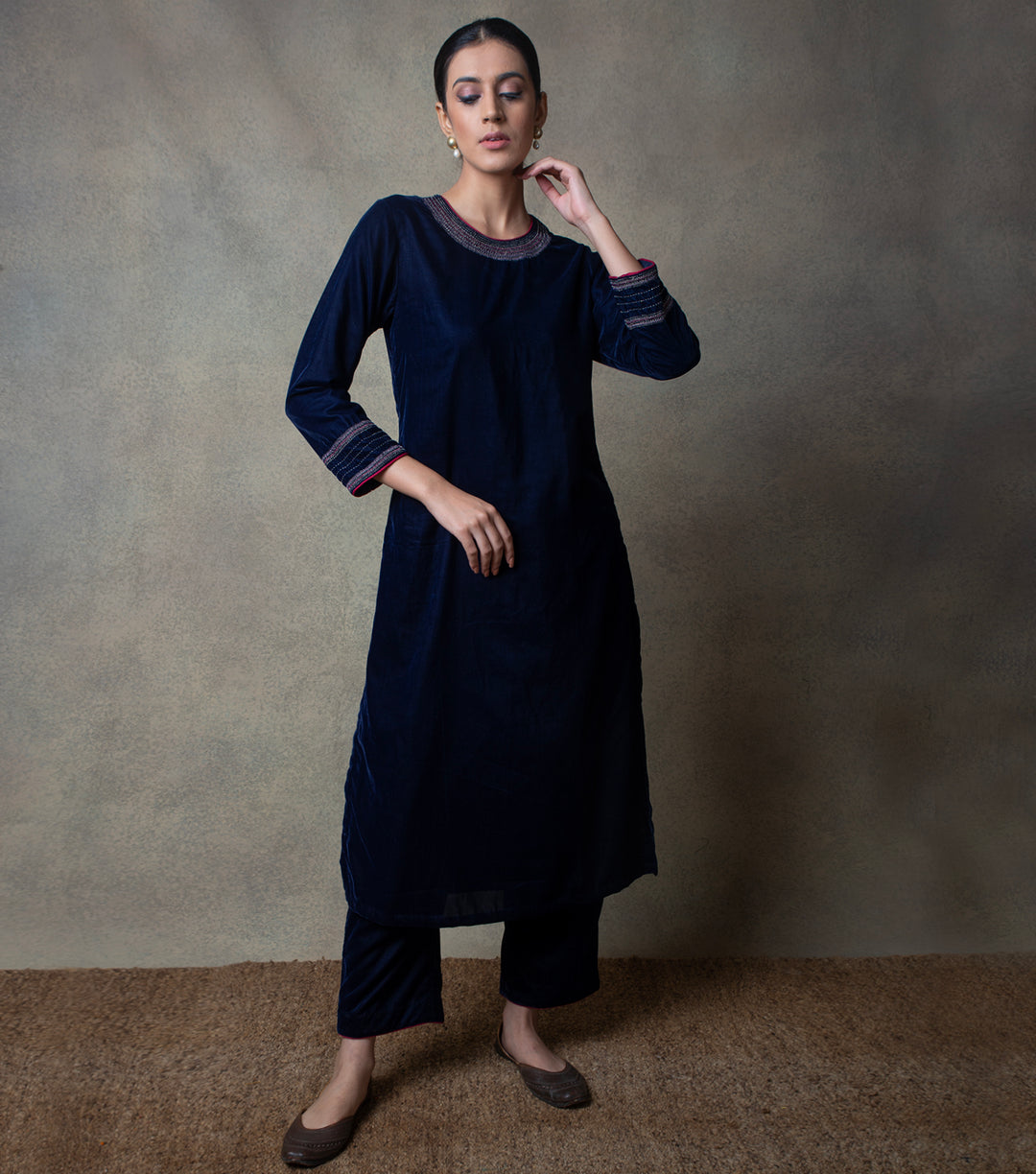 Navy Blue Embroidered Velvet Kurta Set