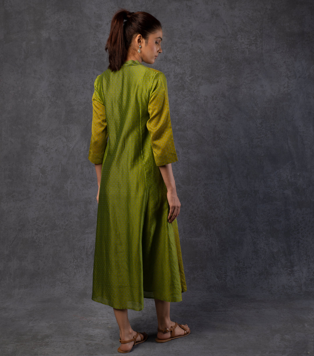 Green & Light Brown Shaded Panelled Chanderi Dress