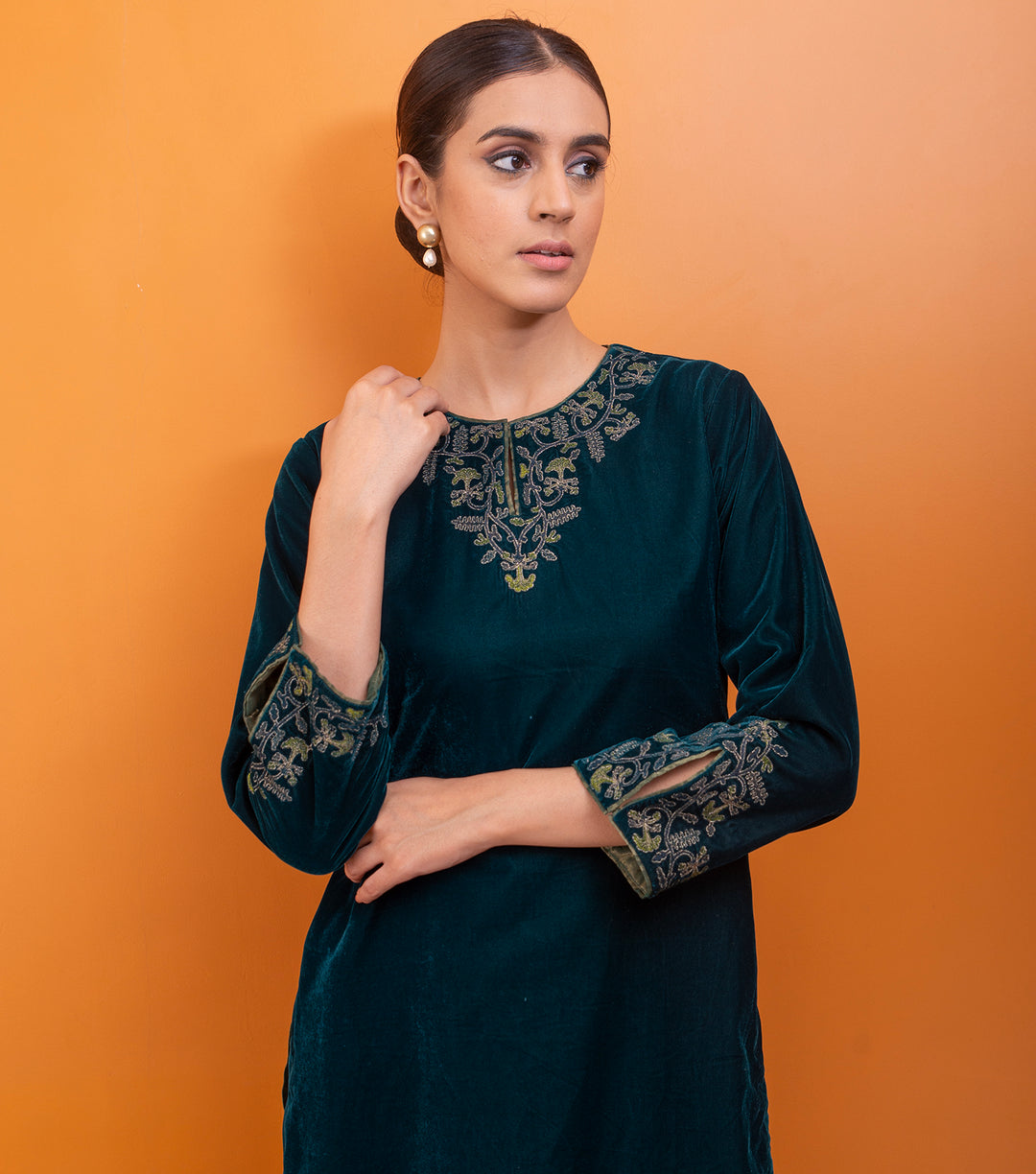 Green Embroidered Velvet Suit Set