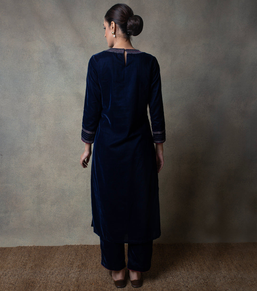 Navy Blue Embroidered Velvet Kurta Set