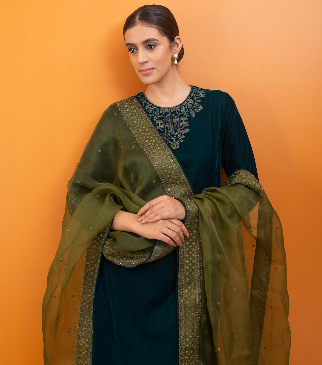 Green Embroidered Velvet Suit Set