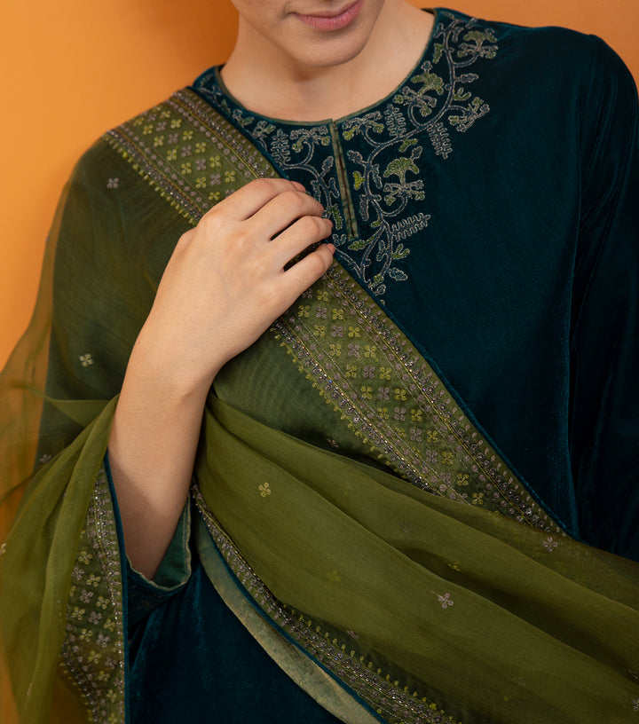 Olive Green Hand Embroidered Organza Dupatta