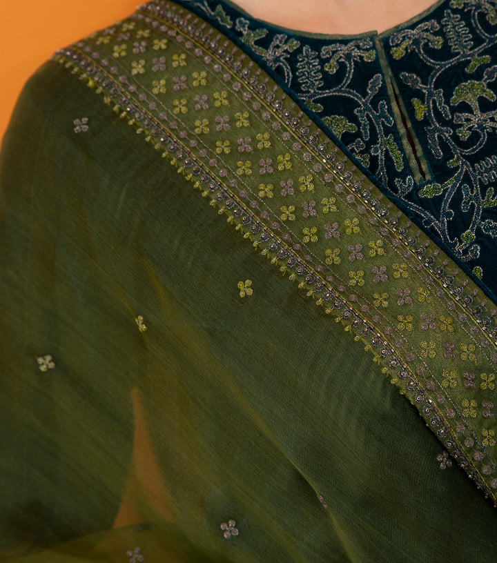 Olive Green Hand Embroidered Organza Dupatta