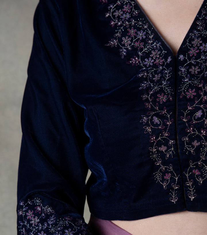 Navy Blue Embroidered Velvet Blouse