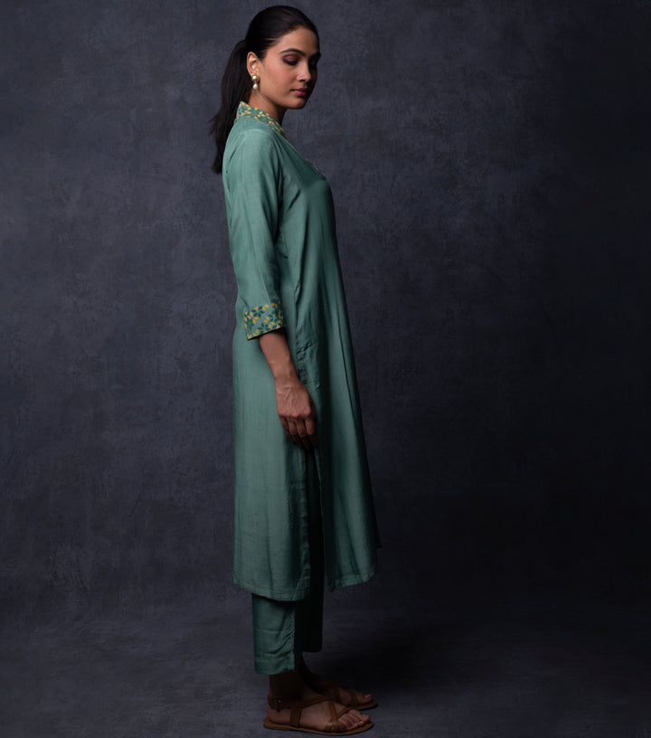 Teal Green Patch Work Embroidered Muslin Suit Set