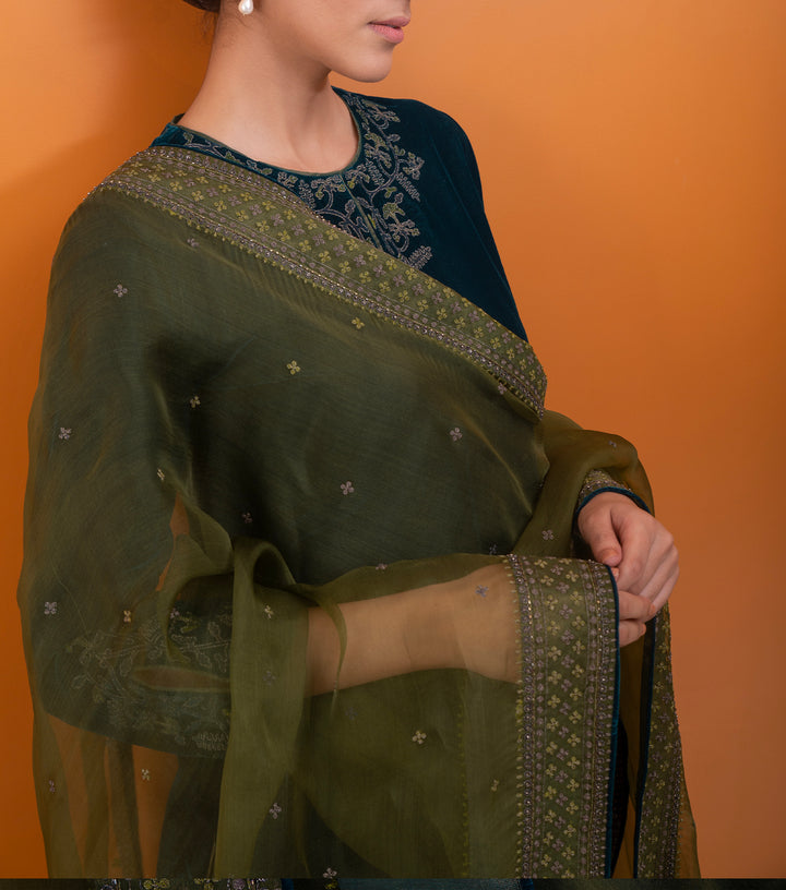 Olive Green Hand Embroidered Organza Dupatta