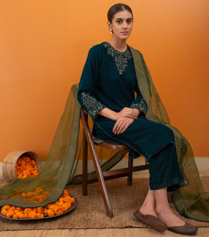 Green Embroidered Velvet Suit Set