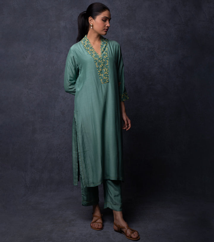 Teal Green Patch Work Embroidered Muslin Suit Set