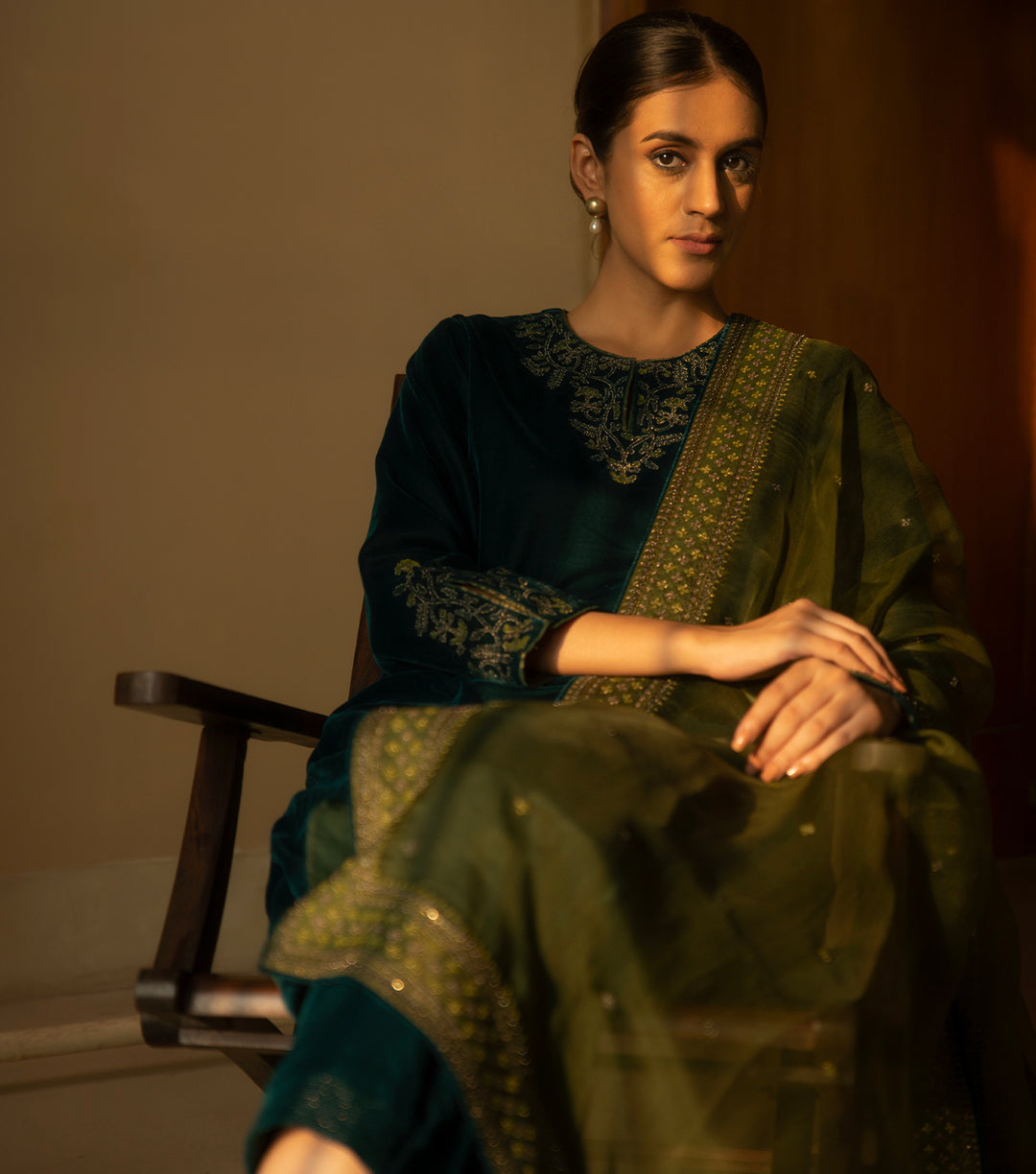 Olive Green Hand Embroidered Organza Dupatta