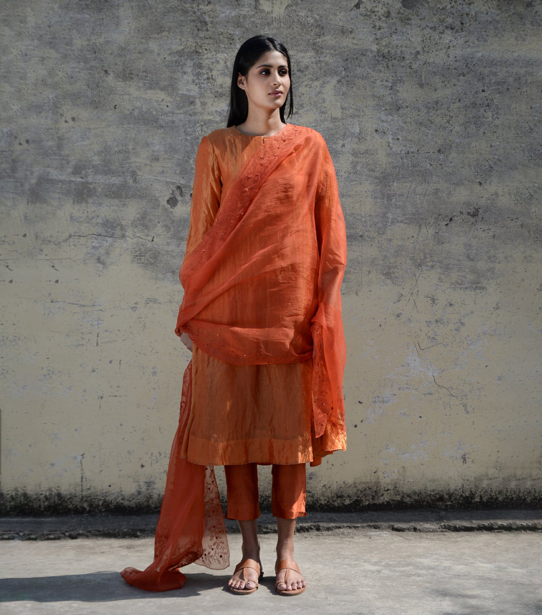 Orange Tonal Hand Embroidered Organza Dupatta