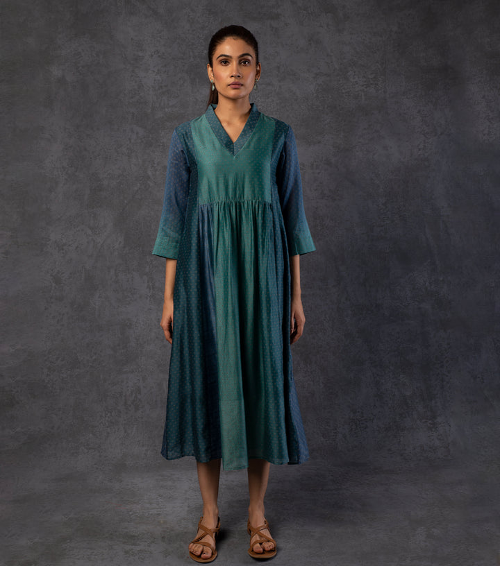 Blue & Green Shaded Panelled Chanderi Dress