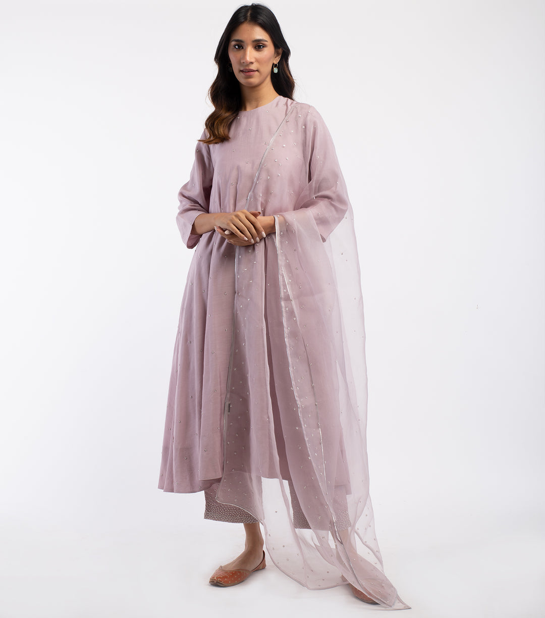 Mauve Chanderi Hand Embroidered Kurta & Palazzo Pants Set