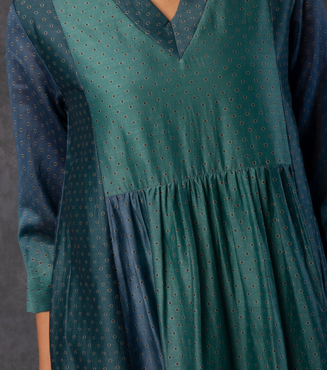 Blue & Green Shaded Panelled Chanderi Dress