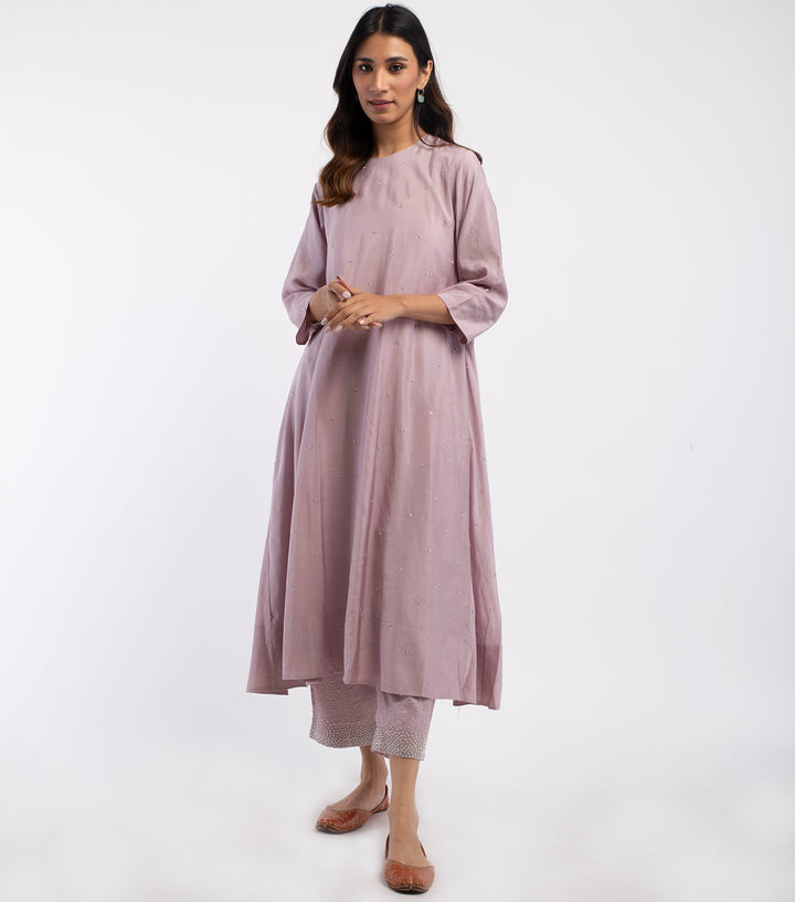 Mauve Chanderi Hand Embroidered Kurta & Palazzo Pants Set