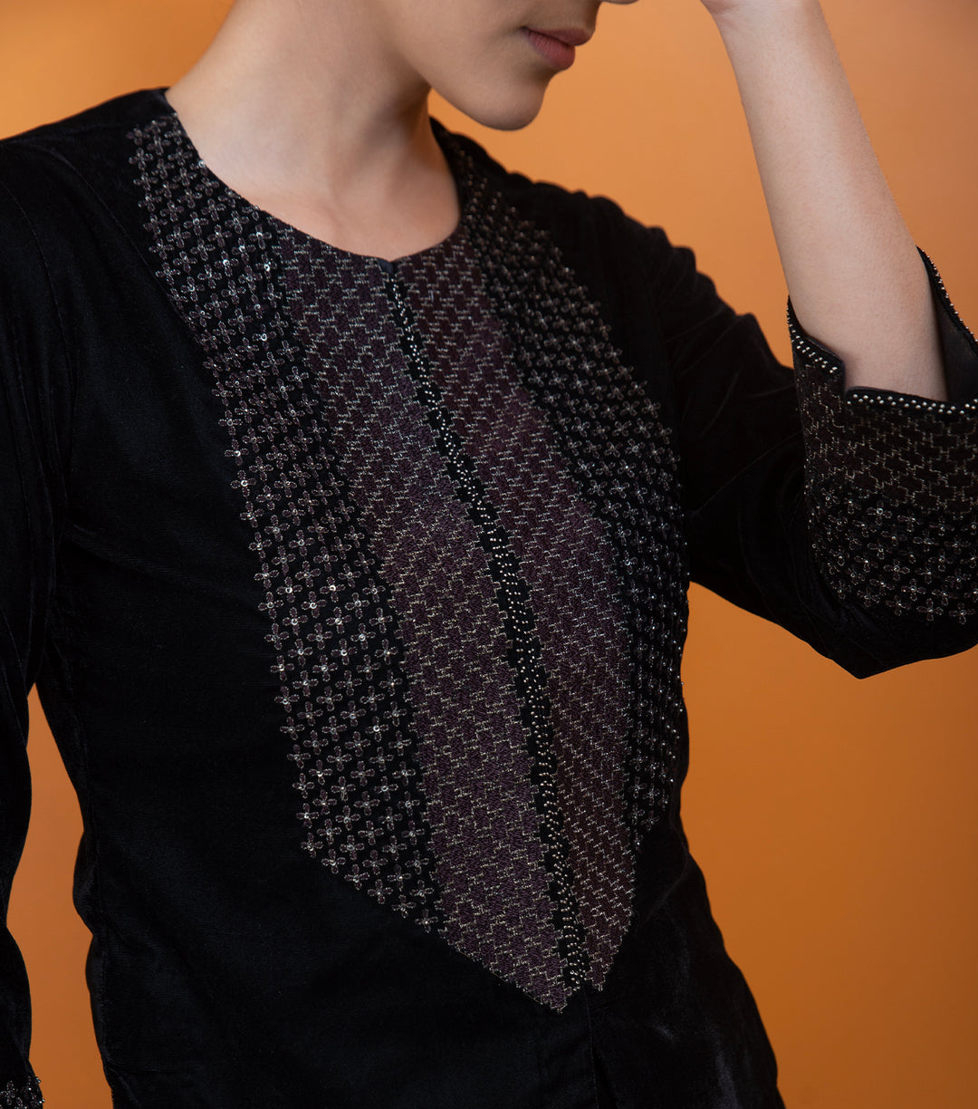 Black Hand Embroidered Velvet Blouse