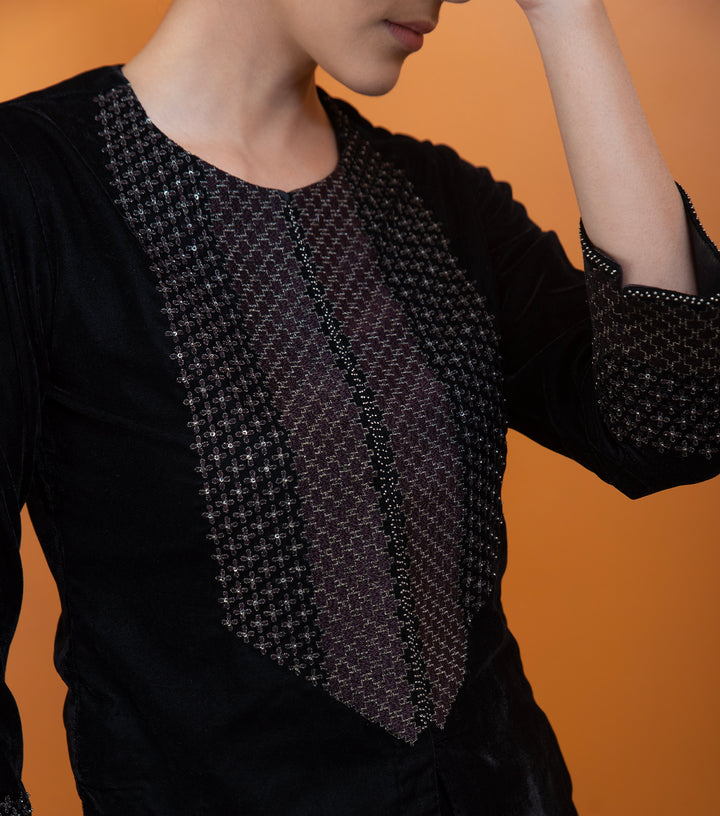 Black Hand Embroidered Velvet Blouse