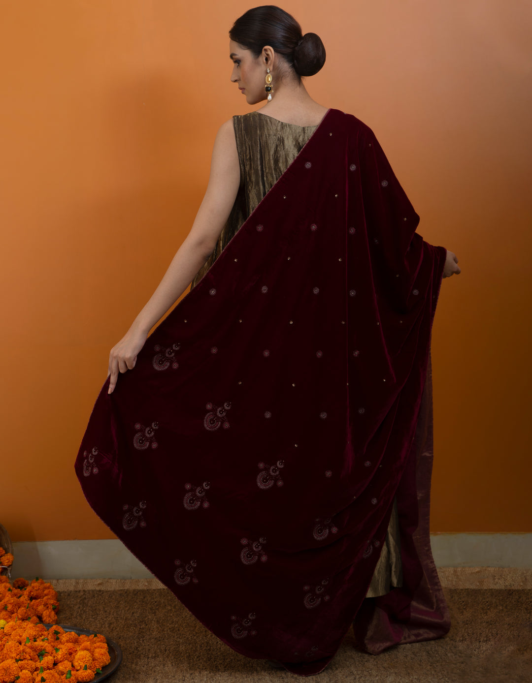 Maroon Hand Embroidered Velvet Dupatta