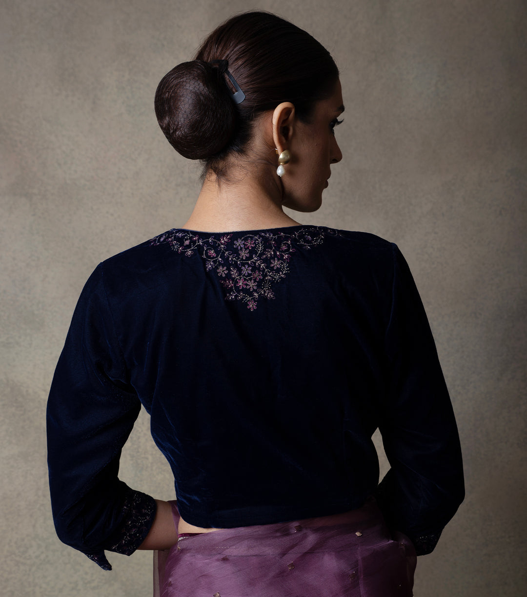 Navy Blue Embroidered Velvet Blouse