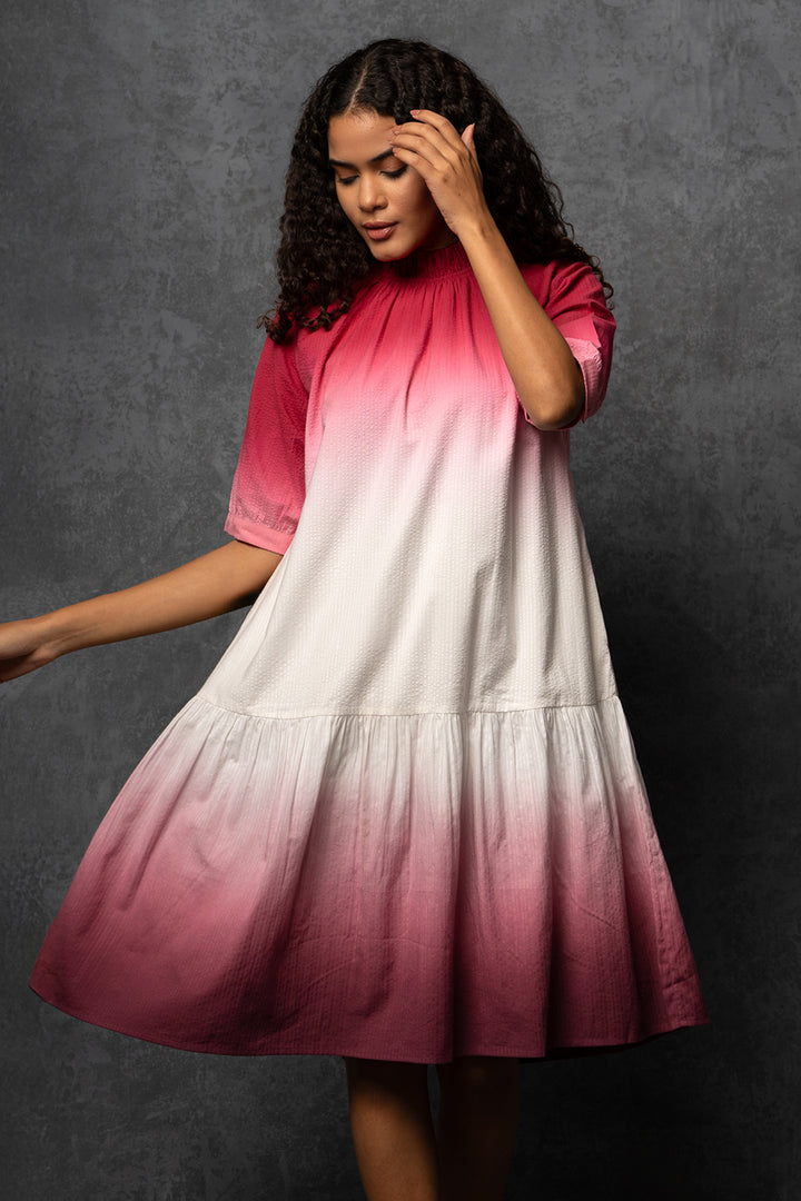 Ombre Grace Textured Cotton Dress with Mock Gathered Neckline