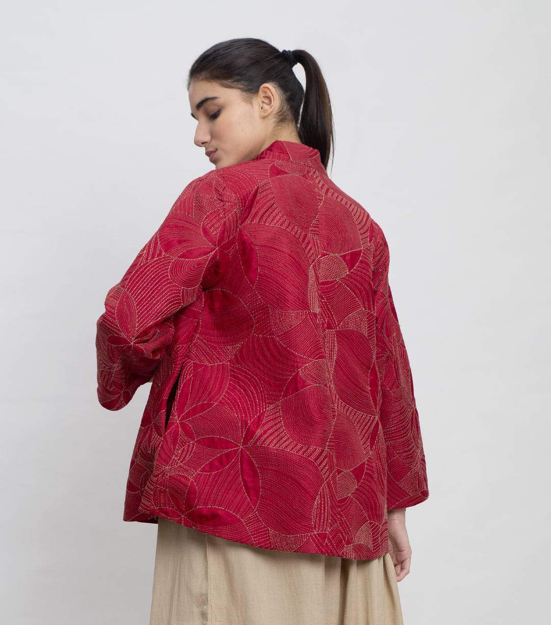 Red Embroidered Quilted Silk Jacket