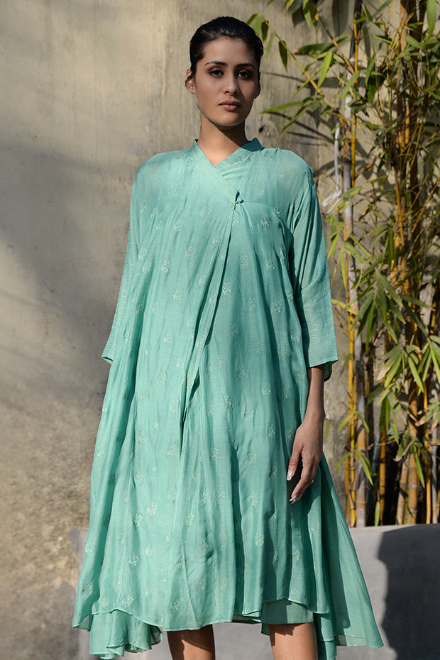 JADE GREEN THREAD EMBROIDERED MUSLIN CHOGA