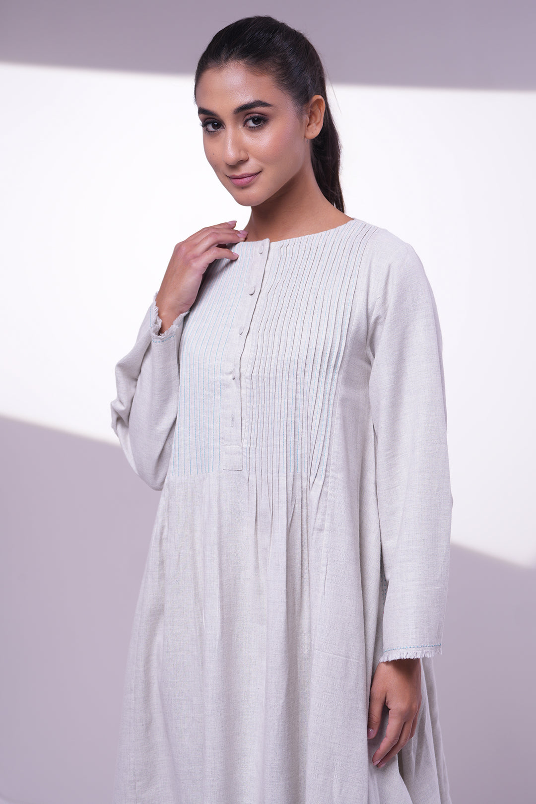 Stone White Pintuck Wool Dress