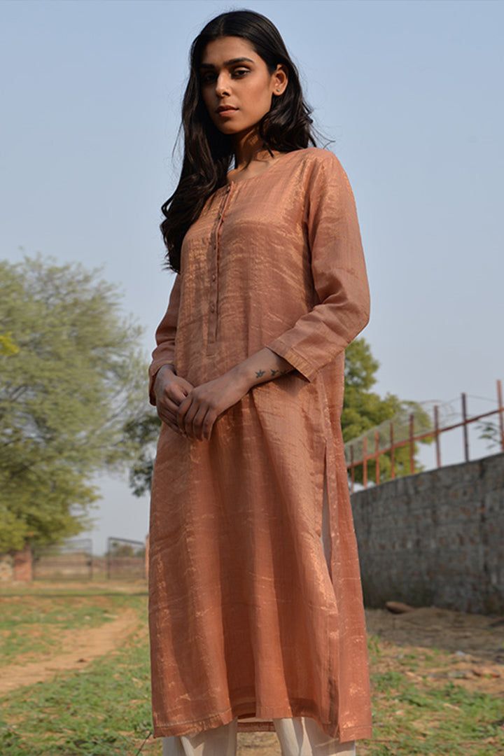 Peach solid tissue kurta