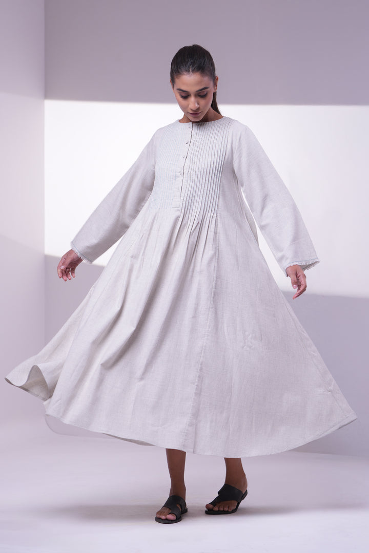 Stone White Pintuck Wool Dress