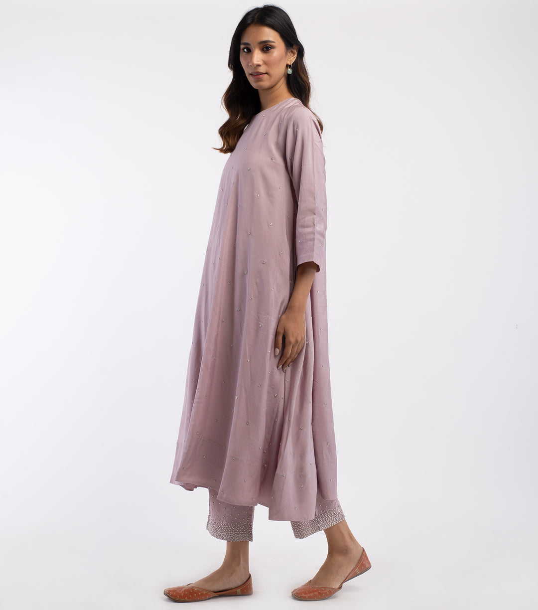 Mauve Chanderi Hand Embroidered Kurta & Palazzo Pants Set