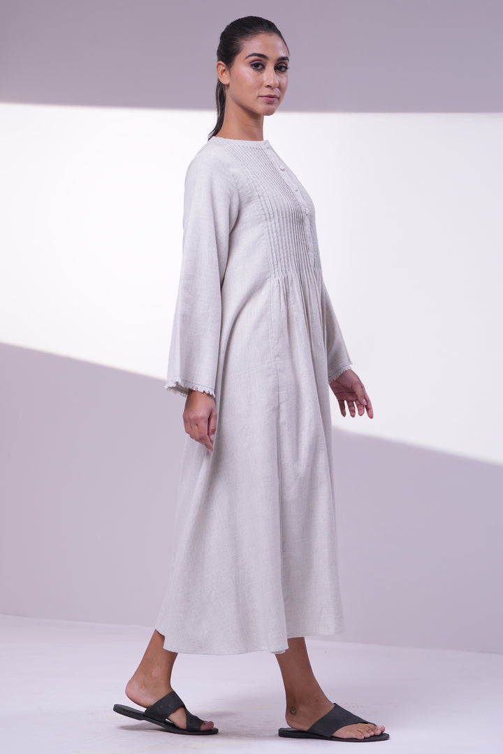 Stone White Pintuck Wool Dress