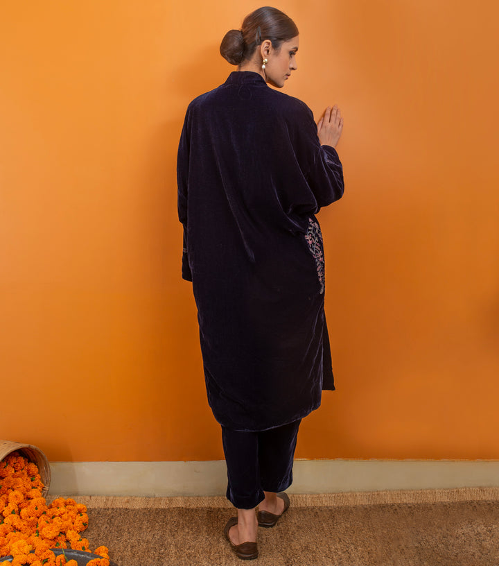 Navy Blue Embroidered Velvet Kurta