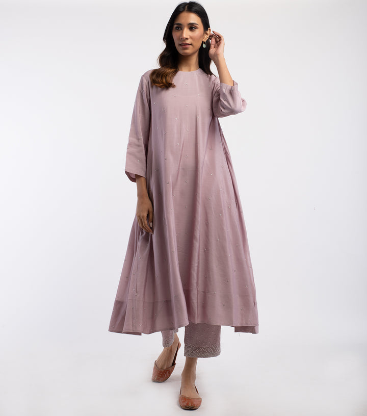 Mauve Chanderi Hand Embroidered Kurta & Palazzo Pants Set