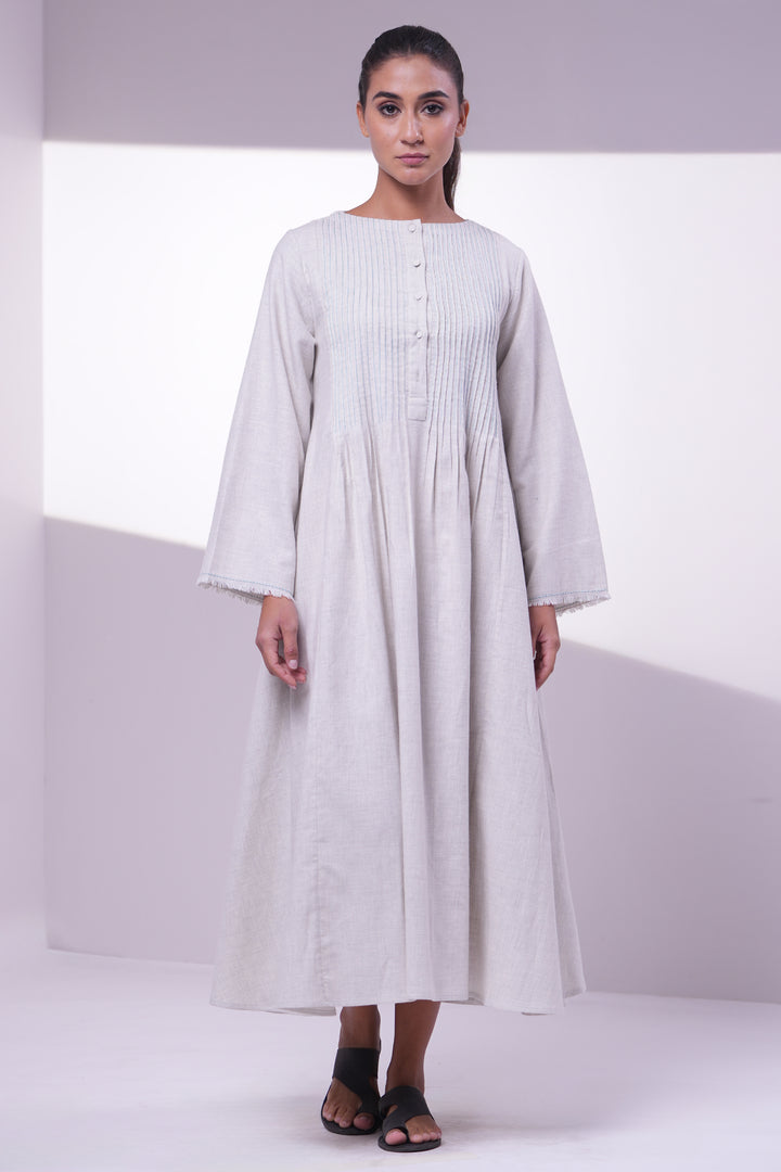 Stone White Pintuck Wool Dress