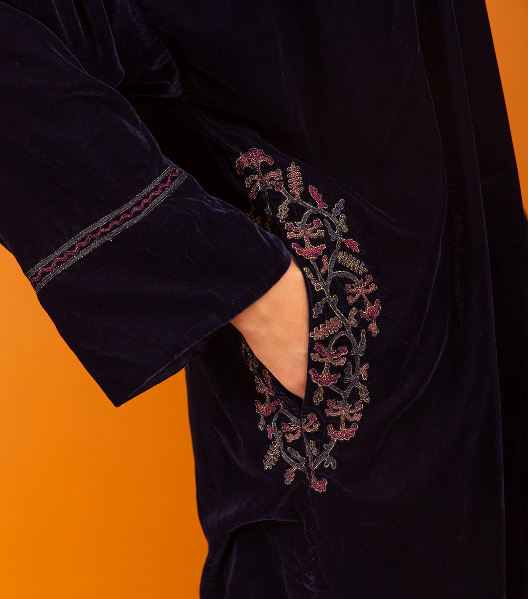 Navy Blue Embroidered Velvet Kurta